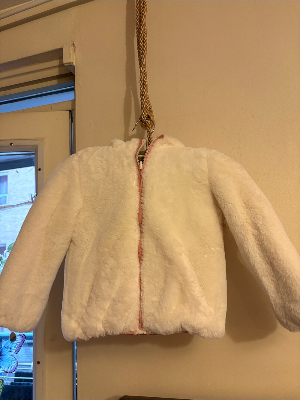 Girls' White Faux-Fur Puffer Jacket with Pink Trim